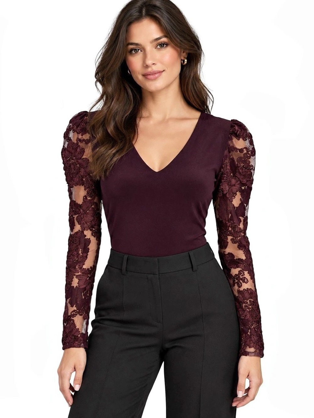 Express Plum Floral Appliqué Mesh Sleeve V-Neck Bodysuit Large EUC